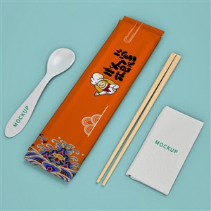 一次性餐具餐巾纸筷子勺子包装贴图样机