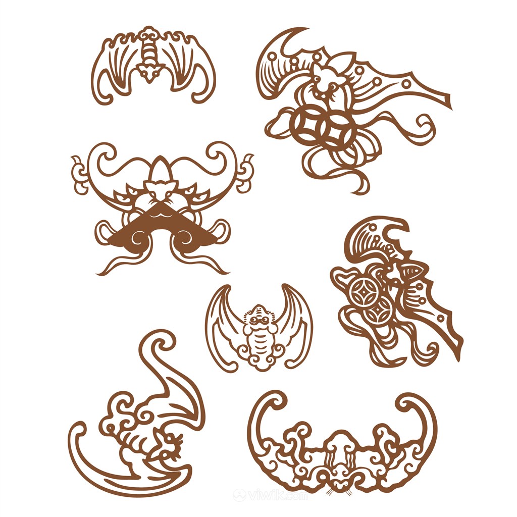 7种形态的传统中国风蝠纹吉祥纹样矢量素材