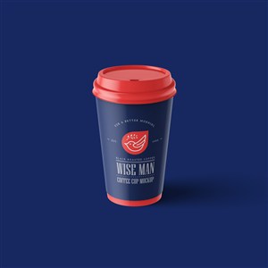 红蓝色带盖的一次性咖啡杯贴图样机