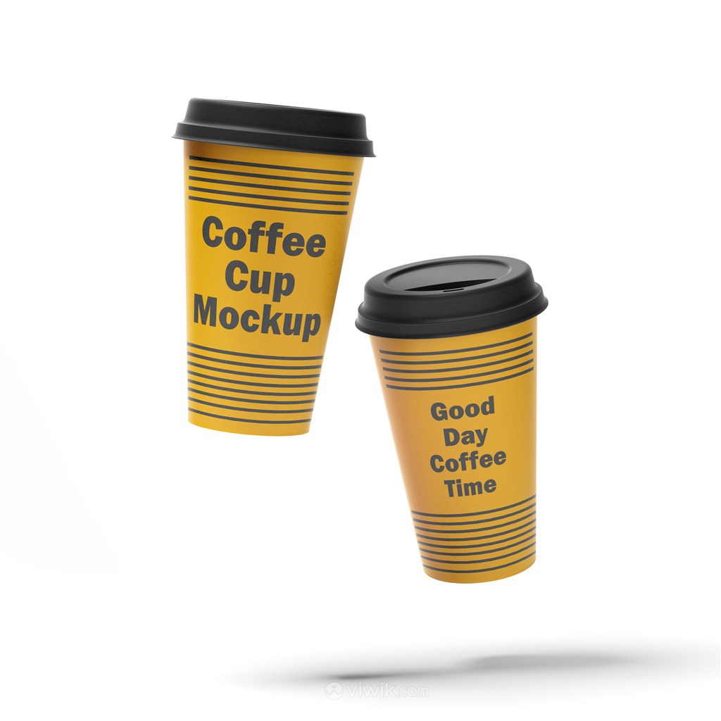 两个悬浮的黄色一次性咖啡杯贴图样机