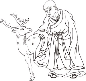 梅花鹿和僧人手绘线描108罗汉矢量PNG绘画图片