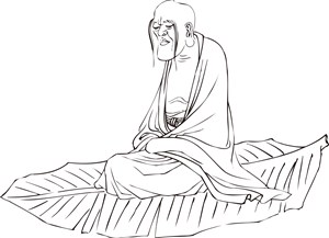 坐在芭蕉叶上的僧人手绘线描108罗汉矢量绘画图片