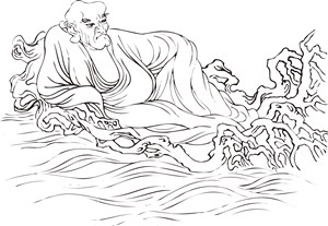 躺在树枝海上的僧人手绘线描108罗汉矢量绘画图片