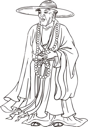 戴草帽的僧人手绘线描108罗汉矢量绘画图片