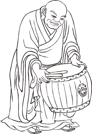 打鼓的僧人手绘线描108罗汉矢量绘画图片