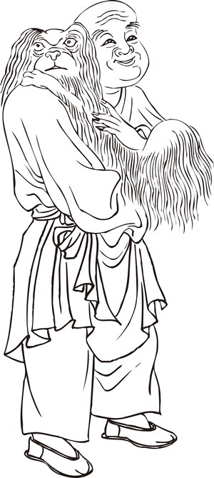 抱着狮子狗的僧人罗汉线描矢量PNG绘画图片