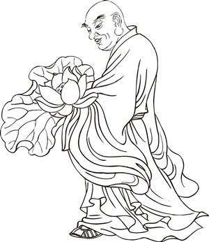 拿着大朵莲花荷花的僧人罗汉线描矢量PNG绘画图片