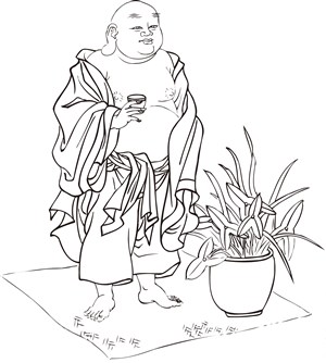 站着喝茶的僧人罗汉线描矢量PNG绘画图片
