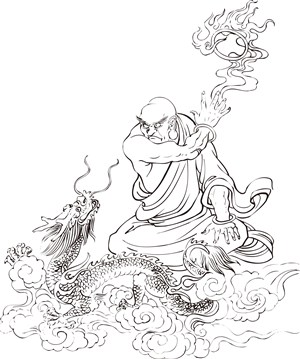 腾云驾雾降龙的僧人罗汉线描矢量PNG绘画图片