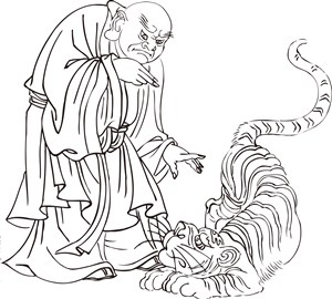 降虎大虫的僧人罗汉线描矢量PNG绘画图片