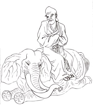 坐在大象上的僧人罗汉线描矢量PNG绘画图片