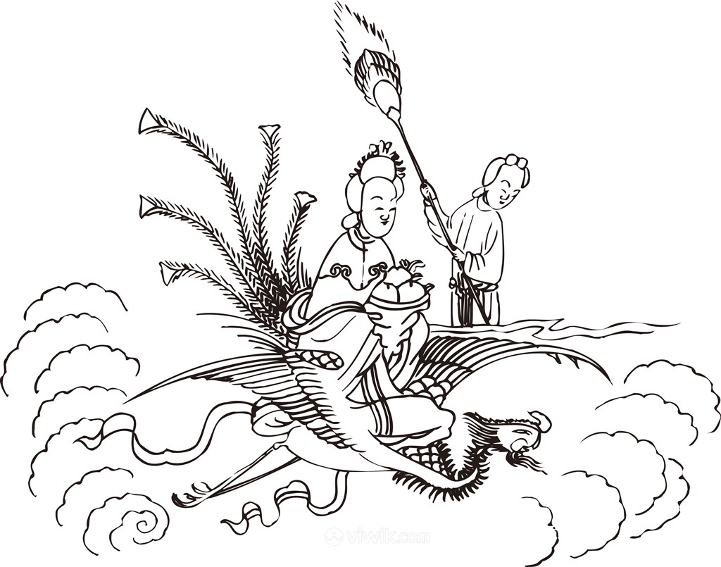 驾着凤凰的神仙手绘线描108罗汉矢量PNG绘画图片