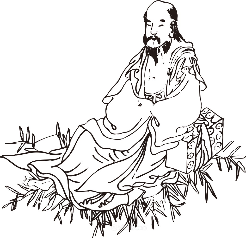 坐在草地上的僧人手绘线描108罗汉矢量PNG绘画图片