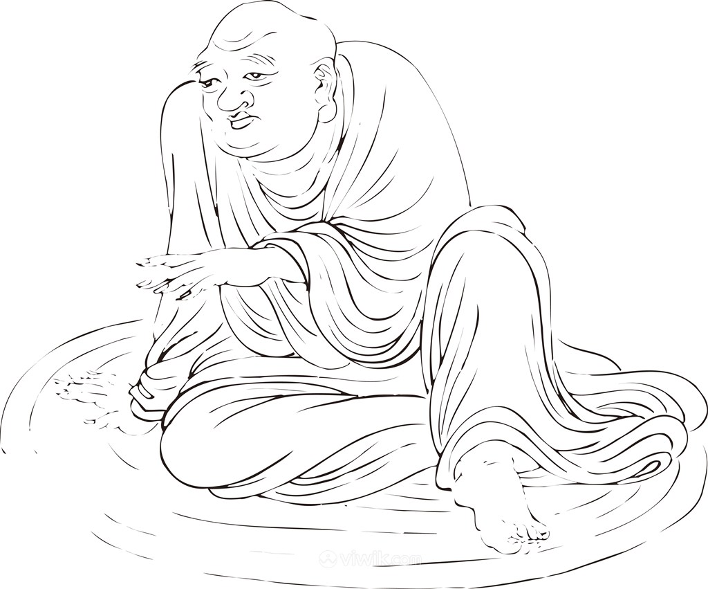 坐在水里的僧人手绘线描108罗汉矢量PNG绘画图片