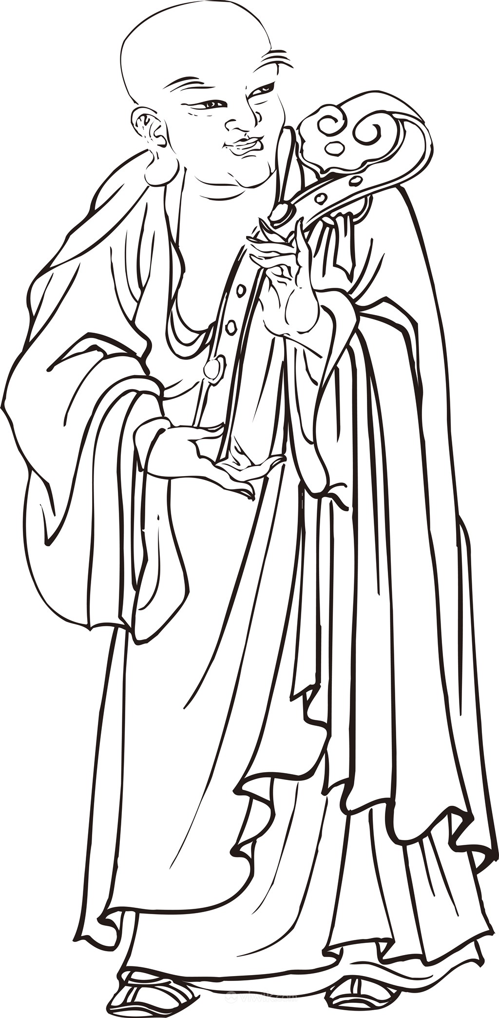 手托玉如意的僧人手绘线描108罗汉矢量绘画图片