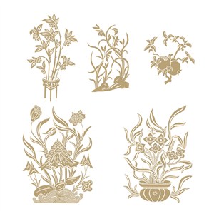 石榴纹样水仙纹样荷花纹样5种中国风花草植物纹样矢量素材