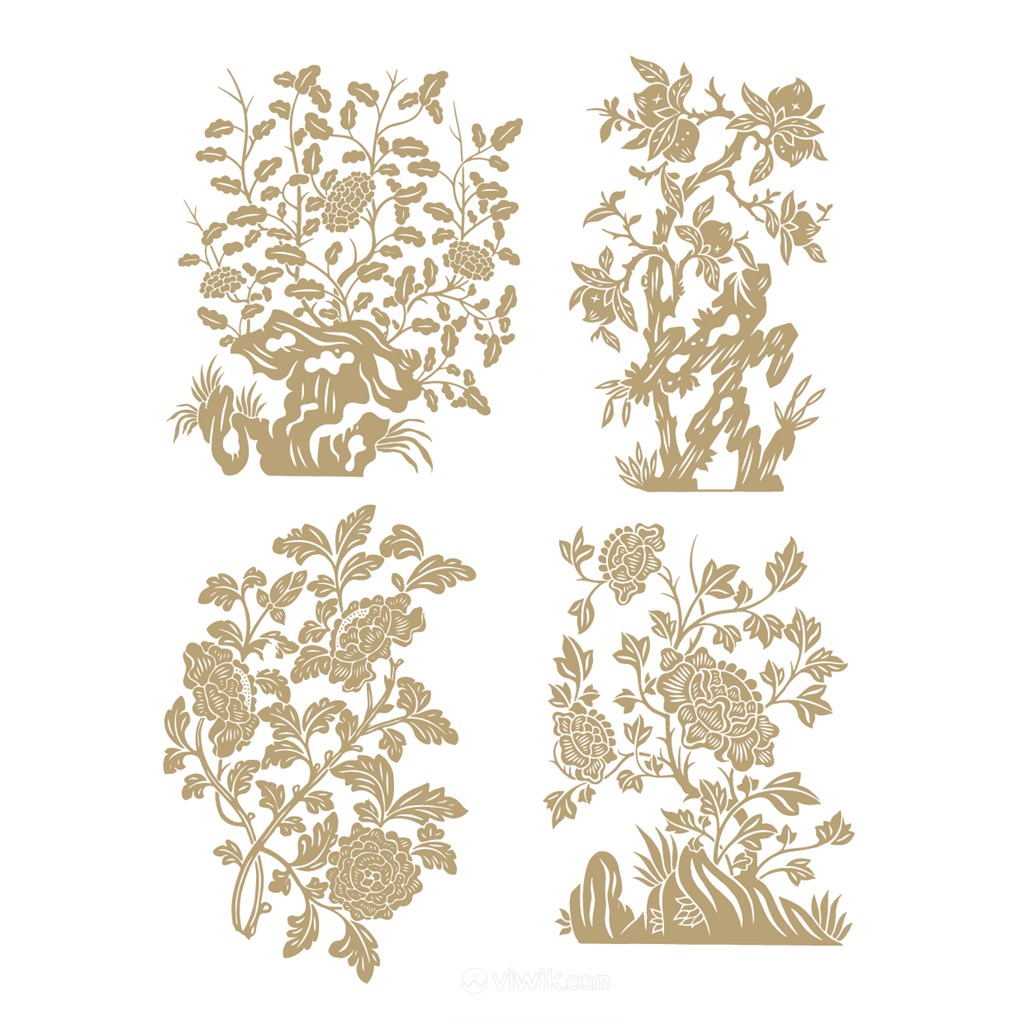 菊花纹样桃树纹样4种中国风花草植物纹样矢量素材