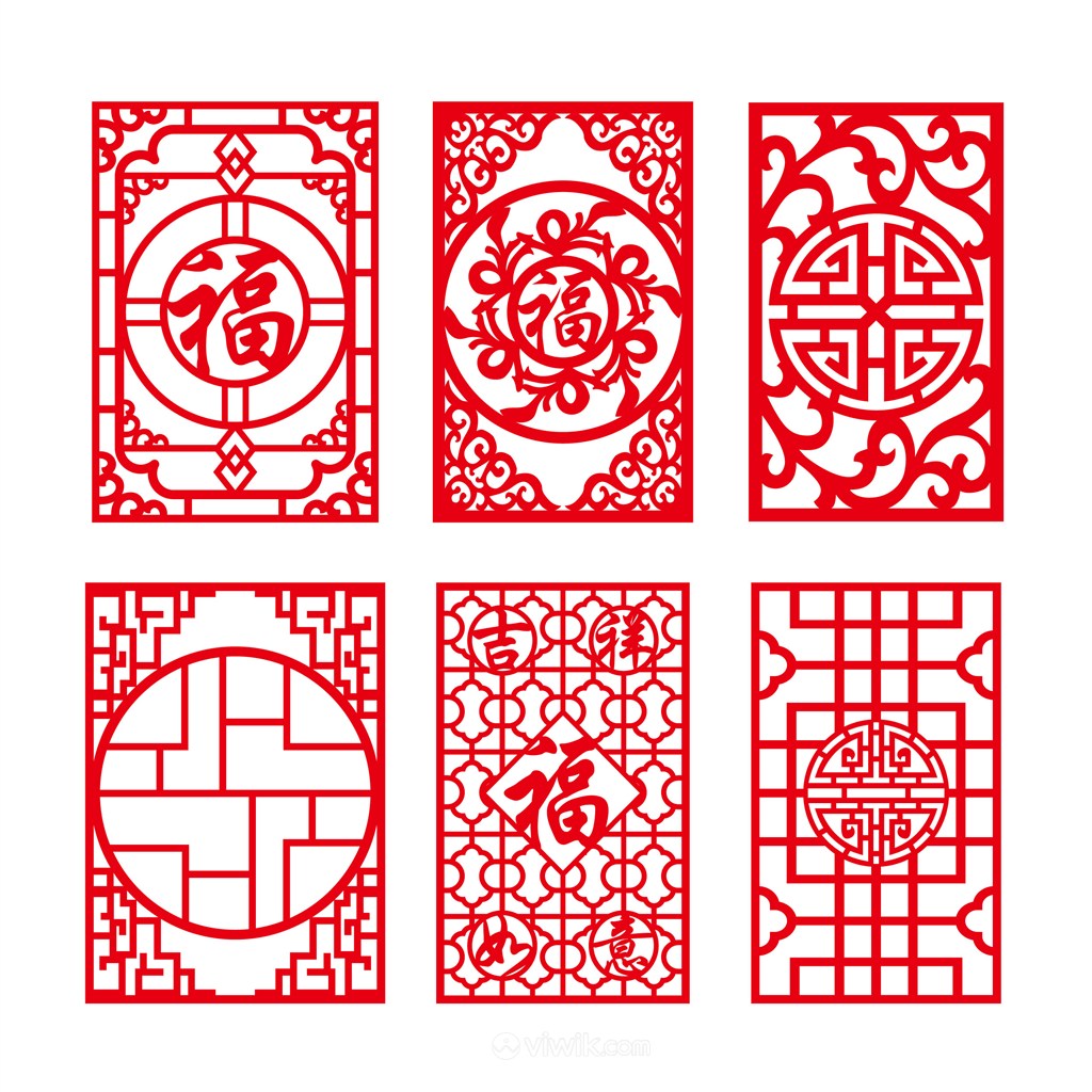 福字雕花图案6种矢量中式古典门窗花纹边框素材