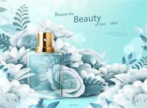 精美蓝色玫瑰花背景香水品牌广告模板