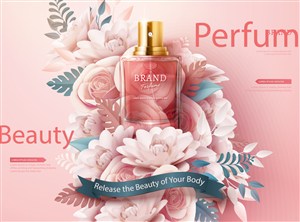 精美粉色花朵背景香水品牌广告模板