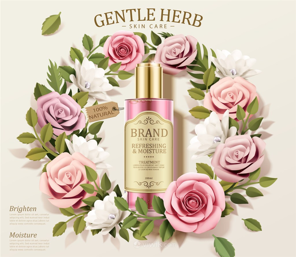 天然玫瑰花朵背景护肤品品牌广告模板