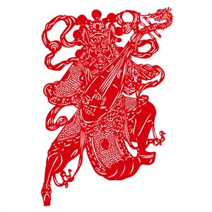 中国风剪纸图案抱着琵琶的门神矢量素材