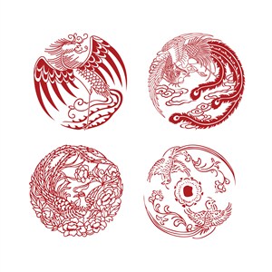 圓形鳳凰紋樣中國風吉祥鳥剪紙矢量素材