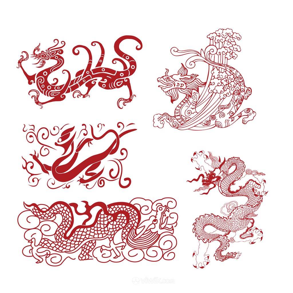 5种古典中式龙纹吉祥图案剪纸素材