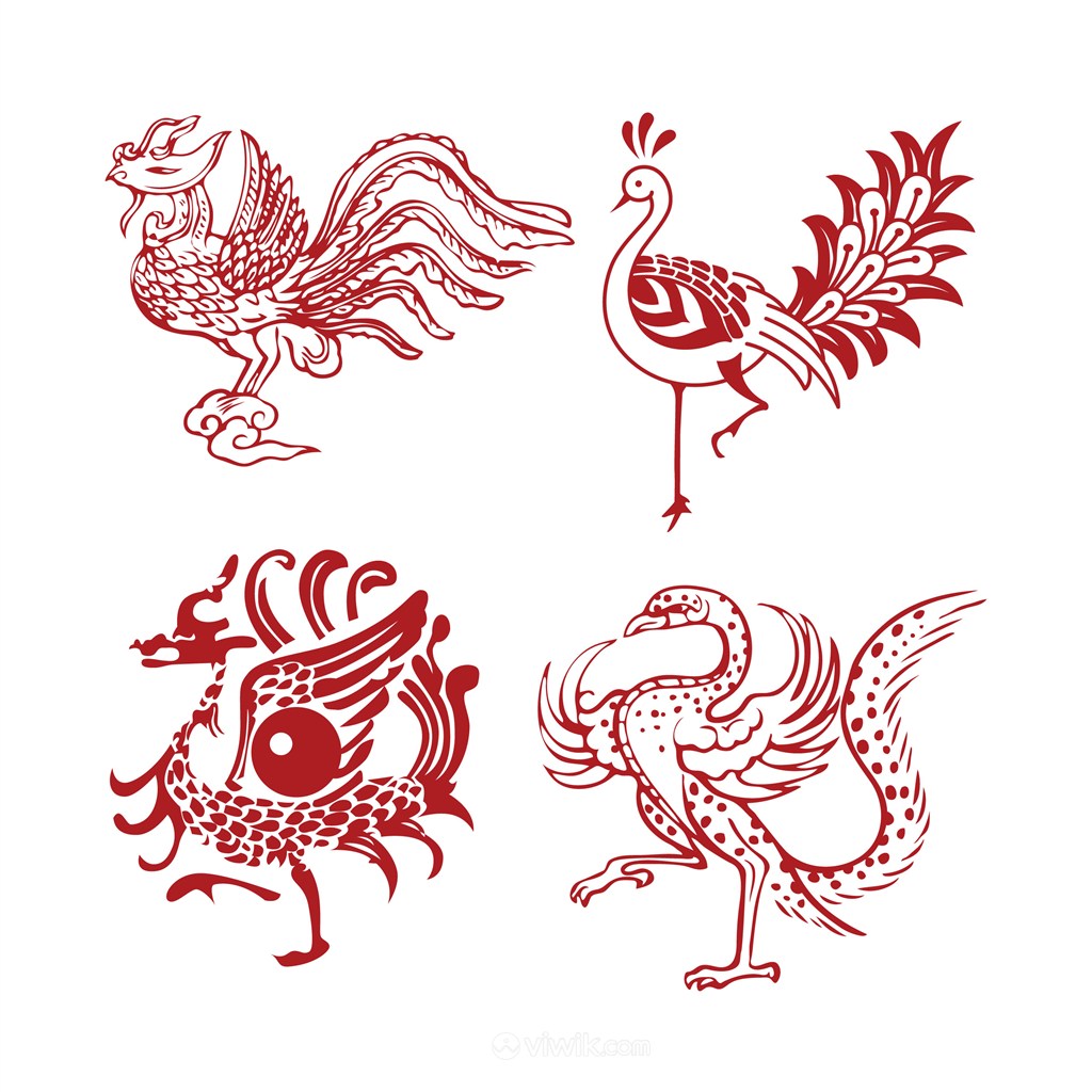 中国风吉祥鸟鸟类纹样剪纸矢量素材