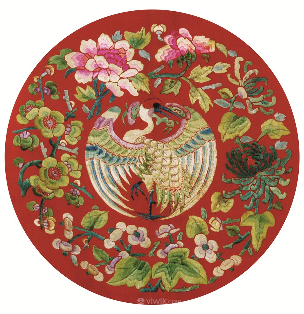 红色帛布牡丹花丹顶鹤古代龙凤刺绣中国风图片