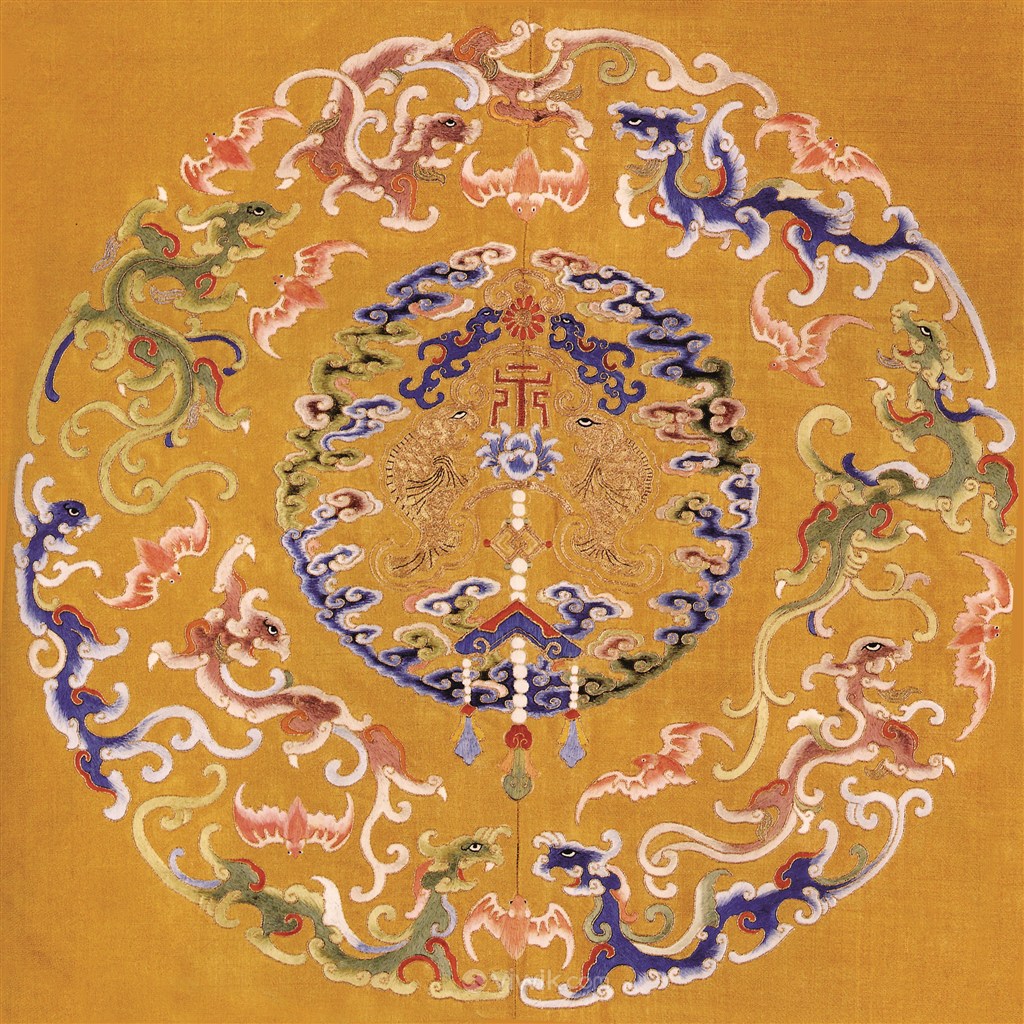 黄色背景古代龙凤刺绣中国风图片