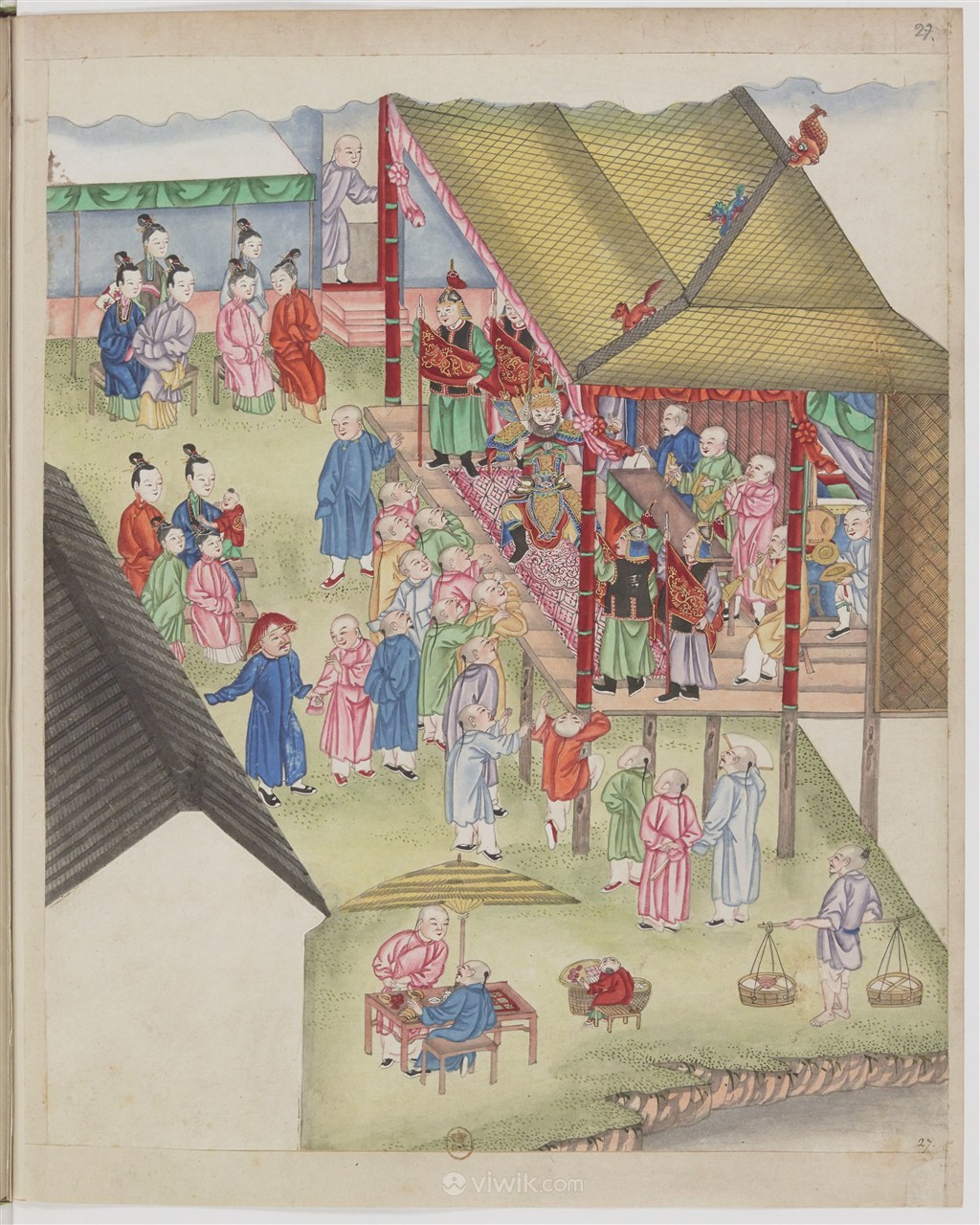 古代清朝家族内唱戏制茶茶艺场景绘画图片