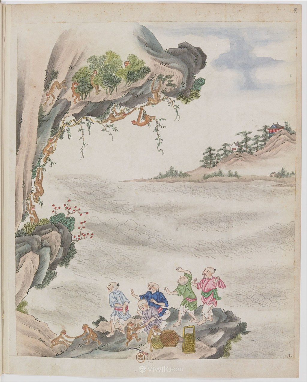 古代猴山制茶茶艺场景绘画图片