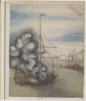 古代船舶冒烟制茶贸易场景绘画图片