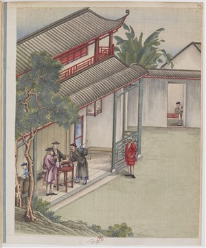 古代洋人品茶制茶贸易场景绘画图片
