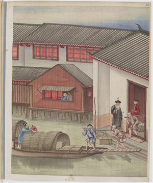 古代船上装货品制茶贸易场景绘画图片