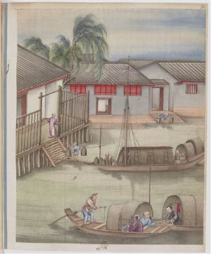 古代船上卸货制茶贸易场景绘画图片