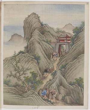 古代深山抬货制茶贸易场景绘画图片