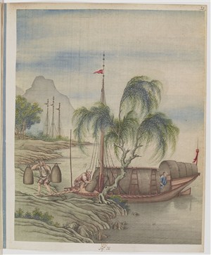 古代柳树下卸货制茶贸易场景绘画图片