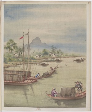 古代小船换大船制茶贸易场景绘画图片