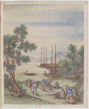 古代茶农在海边等船舶制茶贸易场景绘画图片