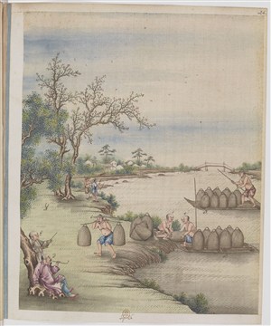 古代工农端货制茶贸易场景绘画图片