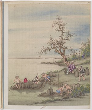 古代梅花边装货茶贸易场景绘画图片