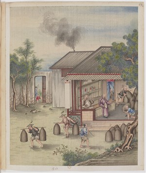 古代仓库出货制茶贸易场景绘画图片