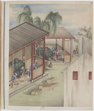 古代茶作坊制茶贸易场景绘画图片
