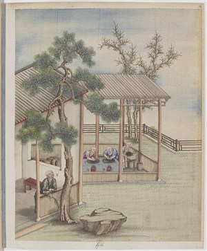 古代松树下休闲制茶贸易场景绘画图片