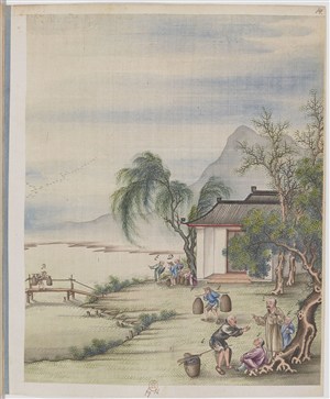 古代工农干活制茶贸易场景绘画图片