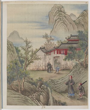 古代山中房屋制茶贸易场景绘画图片