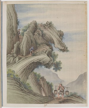 古代峭壁高山爬山制茶贸易场景绘画图片