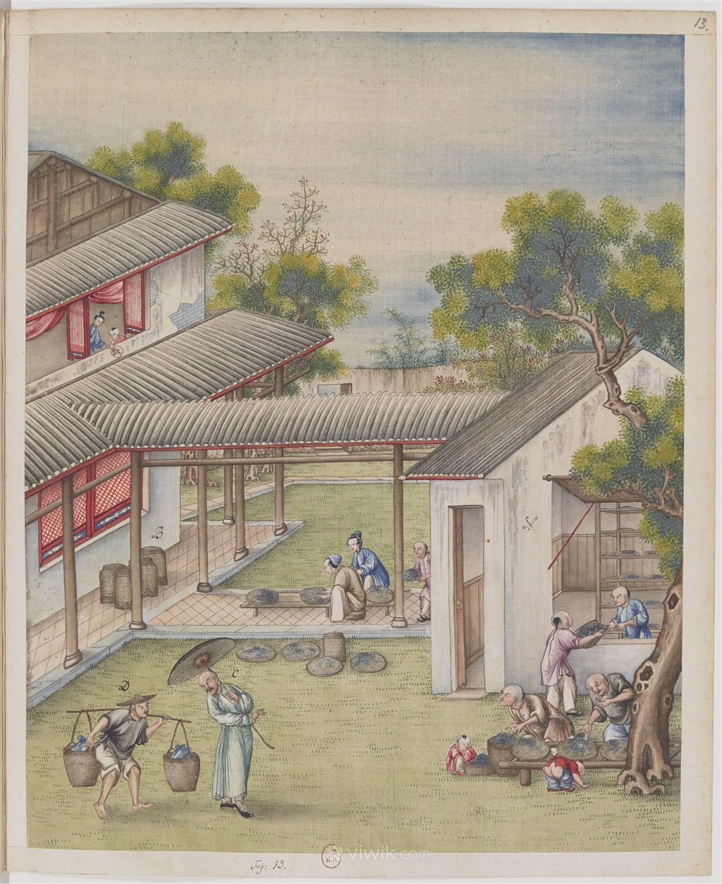 古代茶作坊制茶贸易场景工笔绘画图片